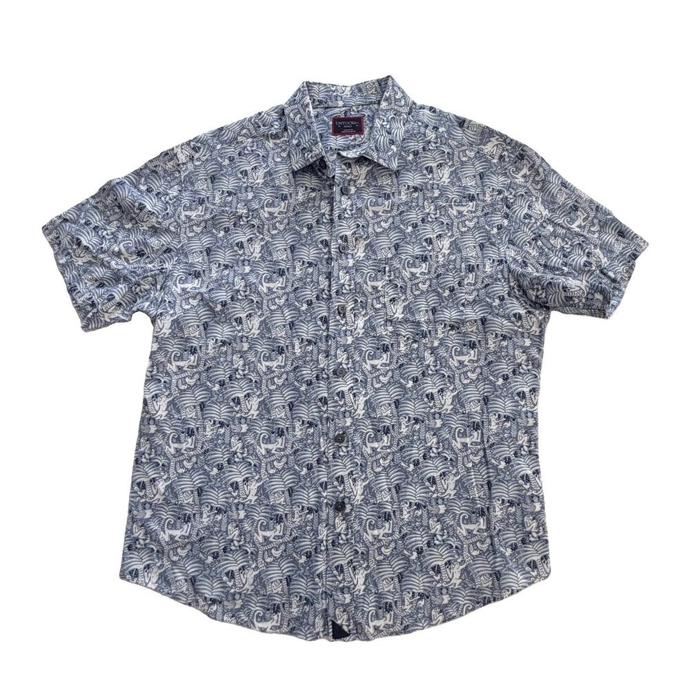 UNTUCKit Rajpal Short Sleeve Button Up Shirt Blue Jungle Print Men's Small EUC